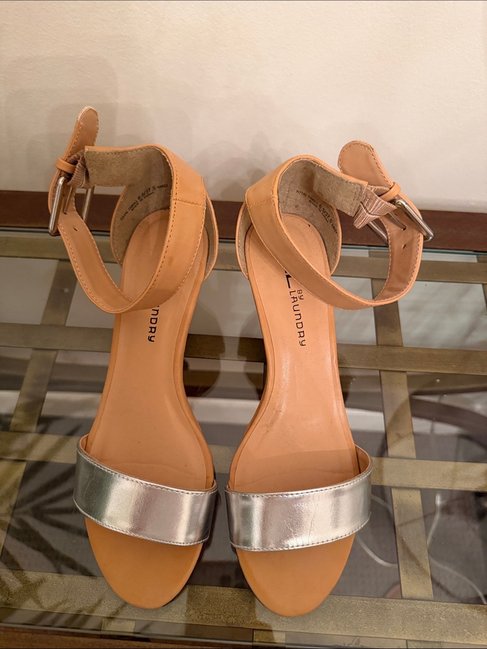 Laundry By Shelli Segal Tan and Silver Ankle-Strap Wedge Sandals